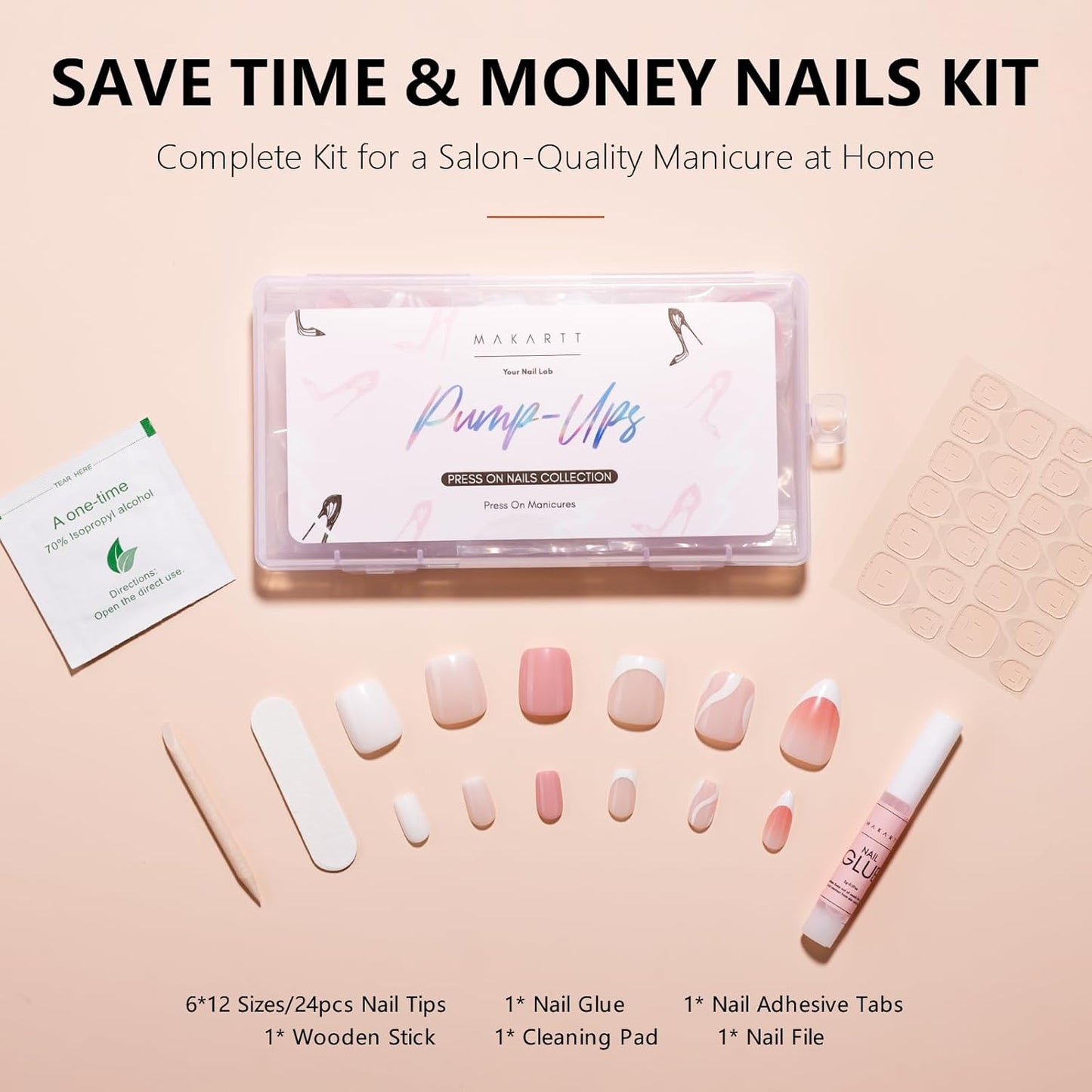 Makartt Press on Nails Kit: Short Nude Elegance Coffin Nail Tips in 6 Styles 144PCS, Natural Fit with Adhesive Tabs, Glue, and File, Manicure Set for Home Salon