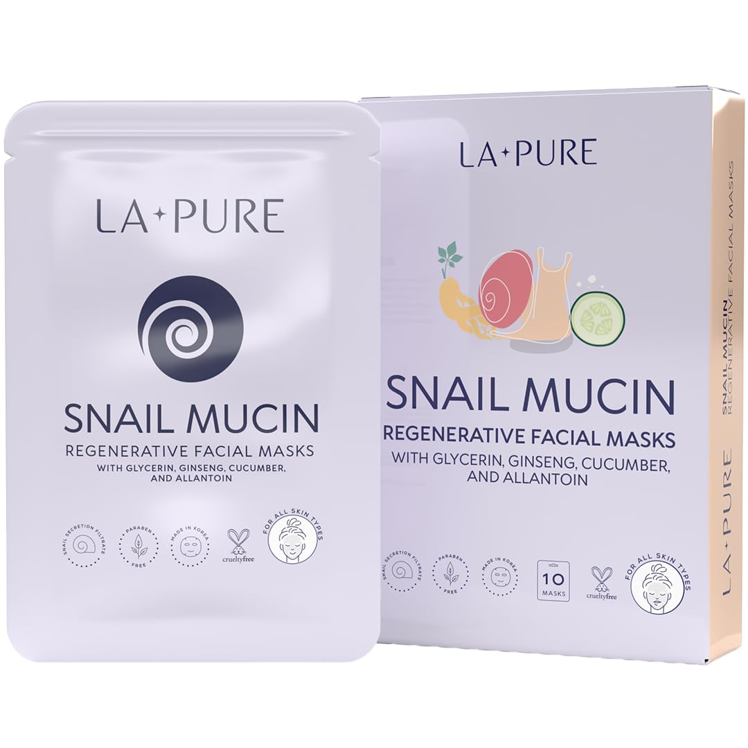 LA PURE Snail Mucin Mask – 10ct Korean Sheet Mask Pack for Signs of Aging, Aid Skin Repair & Hydration – Pure Snail Mask for Face with Collagen & Hyaluronic Acid – Cruelty-Free Hydrating Sheet Mask