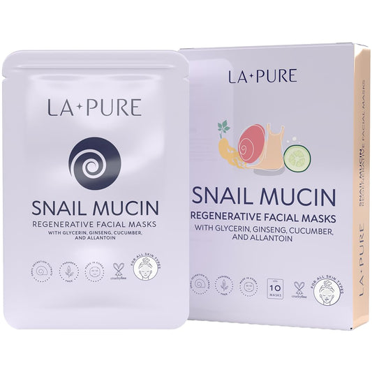 LA PURE Snail Mucin Mask – 10ct Korean Sheet Mask Pack for Signs of Aging, Aid Skin Repair & Hydration – Pure Snail Mask for Face with Collagen & Hyaluronic Acid – Cruelty-Free Hydrating Sheet Mask