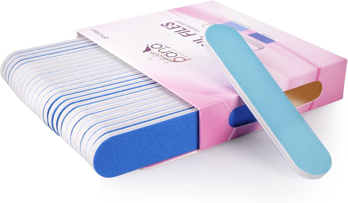 25PCS Mini Size PANA Professional Double Sided Nail Files - Blue, 180/240 Grit - Emery Board Nail Buffering File Manicure Pedicure Nail Polisher Washable