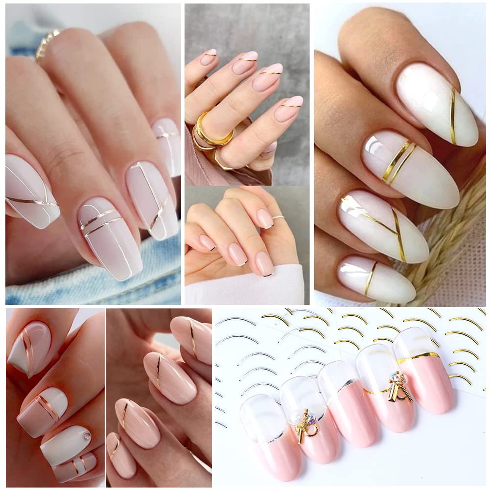 10 Sheets Gold Lines Nail Art Stickers Decal,Metal Geometric Stripe Wavy Line Self Adhesive Nail Decals French Classic Simple 3D Designs Nail Foil Stickers Sliders Manicure Decorations for Women Girls