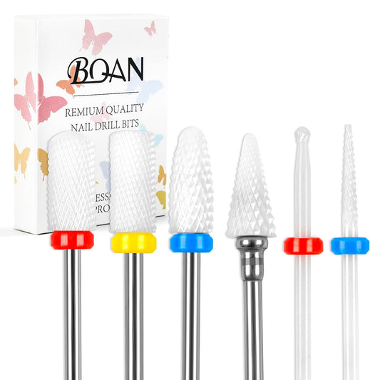 BQAN Nail Drill Bits Set, 6Pcs 3/32 In Drill Bit for Nail Tech Ceramic Bits for Remove Cuticle Acrylic Gel Polish Nail Manicure