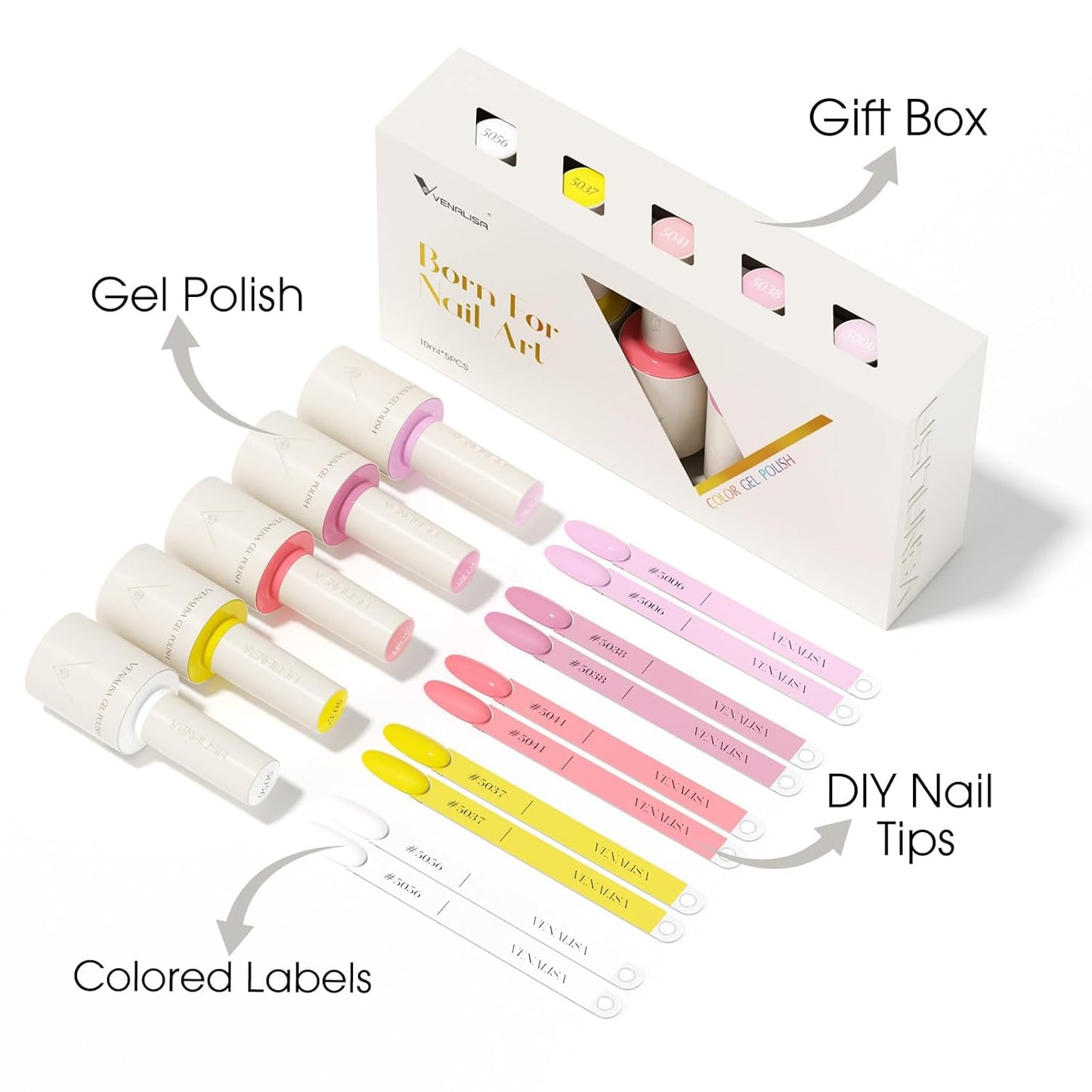 VENALISA Gel Nail Polish Set, 5 Colors 10ML Gel Polish Kit Pure White Yellow Pink Purple Color Soak Off Salon Manicure DIY at Home Nail Art For Girls Women