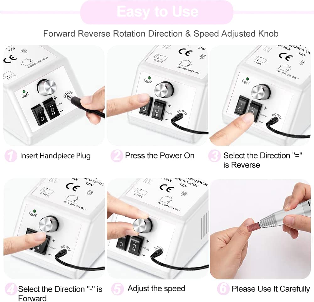 Professional Nail Drill Machine 20000RPM Efile Electric Nail Filer Kit for Finger Toe Nails, Acrylic Gel Nails Manicure Pedicure, with 6Pcs Nail Bits and 106Pcs Sanding Bands - White