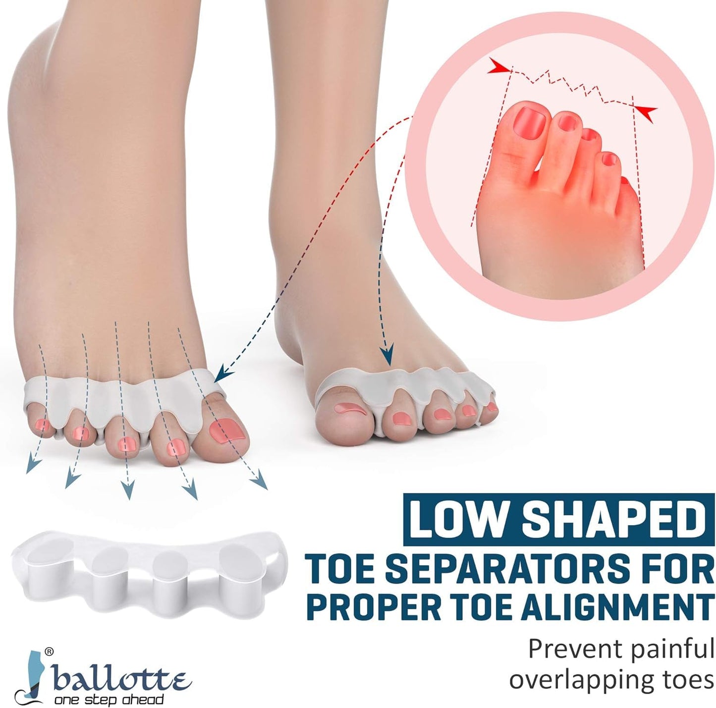 Ballotte Toe Separators, Silicone Toe Spacers for Bunions and Overlapping Hammer Toes, Athletic Tootsie Spacers for Running and Yoga, Foot Finger Splitters for Men & Women (6 Pack)