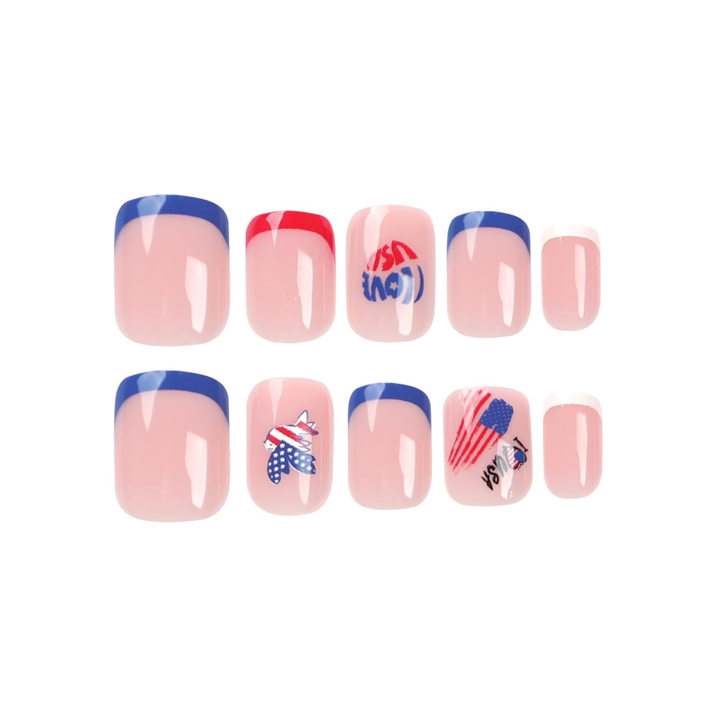 Independence Press On Nails Short Square, 4th of July Fake Nails, French Tip Design with Red, White, and Blue Accents, Glossy Gel Finish Acrylic Press Ons, Thick Reusable Glue On Nails for Women