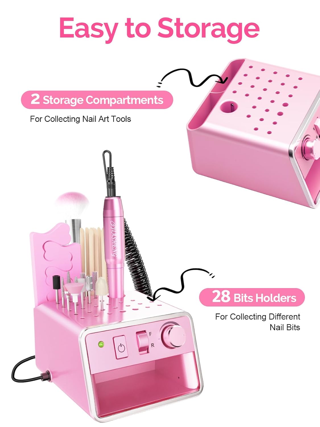 Professional Electric Nail Drill Portable Nail File for Acrylic Gel Nails, 20000RPM Professional Nail Drill Machine for Nail Polish Remover with the Function of Storing Manicure Accessories, Purple