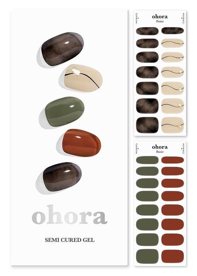 ohora Semi Cured Gel Nail Strips (N Noir) - Dark, Patterned, Works with Any UV/LED Lamps, Salon-Quality, Long Lasting, Easy to Apply & Remove - Includes 2 Prep Pads, Nail File & Wooden Stick