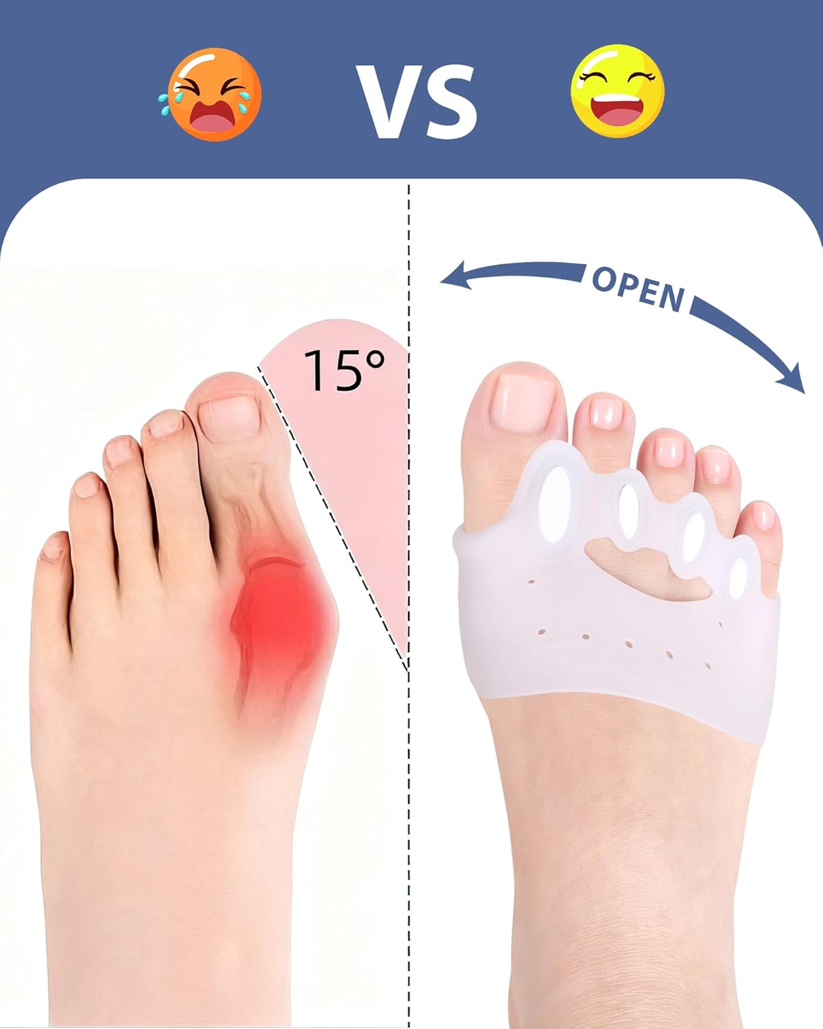 Adjustable Silicone Toe Separators, Spacers Bunion Corrector for Women Men, Toe Straightener,Breathable Soft and Comfortable Silicone Foot Cushions (4 Pairs)