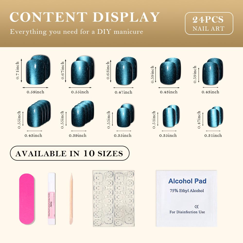 Peacock Blue Cat Eye Short Press on Nails Square, Blue Short Square Glue on Nails for Women Gift, Metallic Glitter Glossy Reusable Spring Summer Stick Gel Press on Acrylic Fake Nail with Designs 03