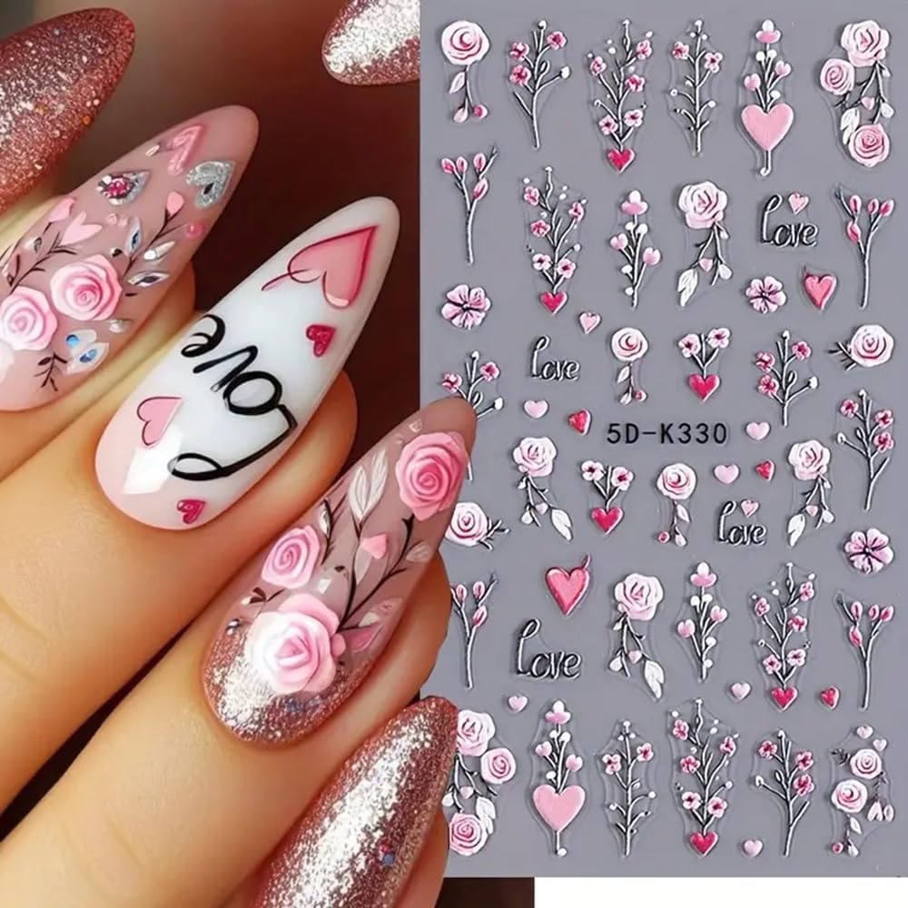 5D Embossed Branch Flowers Spring Nail Art Stickers Purple Flower Nail Stickers Colorful Floral Nail Decals 3 Sheets Flowers and Plants Nail Designs for Women Girls DIY Nail Art Supplies