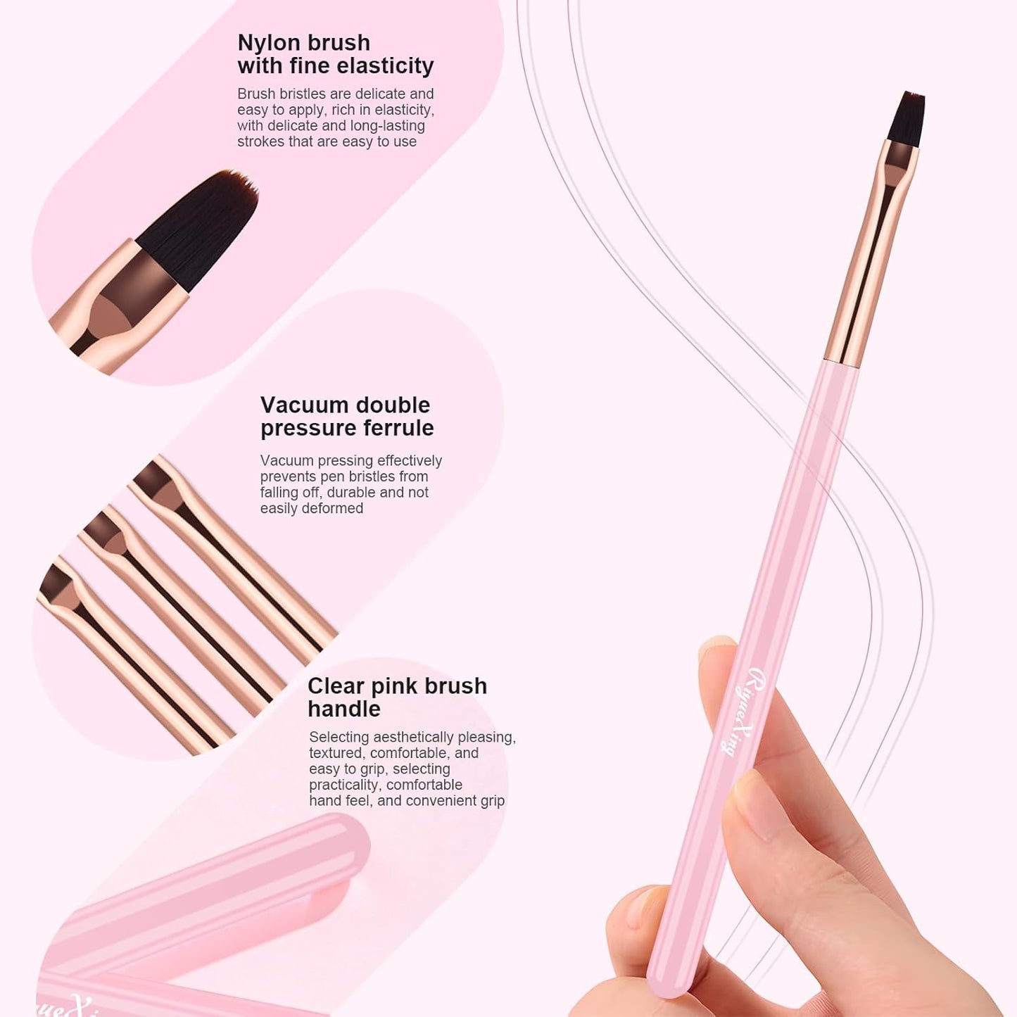 Nail Art Clean Up Brushes - 3Pcs Nail Art Brush Set with Flat/Oval/Fine Angled Gel Brush, Nail Extension Tool for Professional DIY Home Salon(Clear Pink)