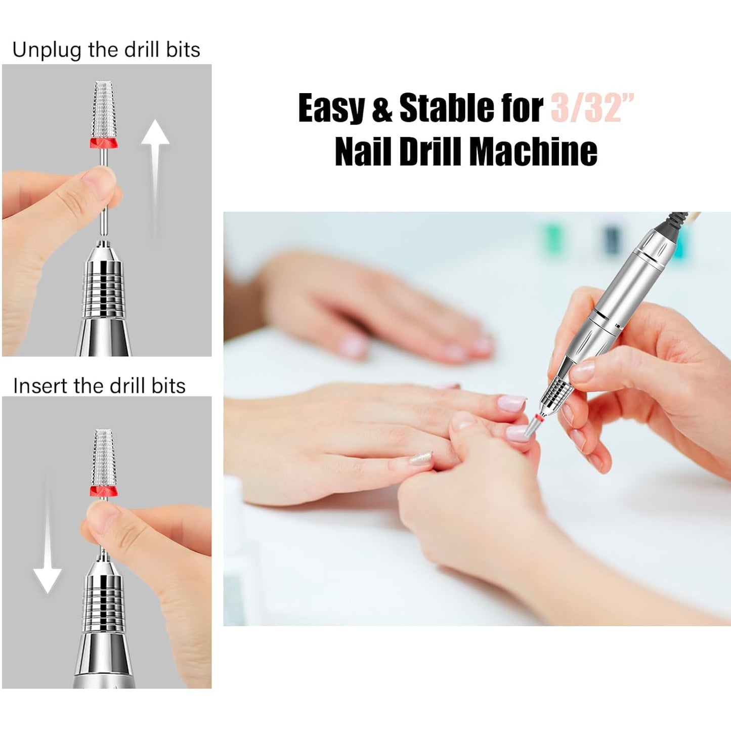 Depvko Super Long 5 in 1 Nail Drill Bits, 3/32'' Carbide Tungsten Bits, Two Way Rotate Professional Advanced Safety Bits for Nail, Fast Remove for Manicure Pedicure (Classic 5in1-Silver, Fine-F)