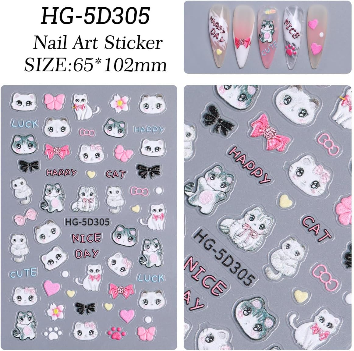 Cute Style Japanese Inspired Embossed Cute Dogs Adorable Cats Tanuki DIY Nail Stickers - Everyday Nail Art Decorations A Set of 4 Sheets
