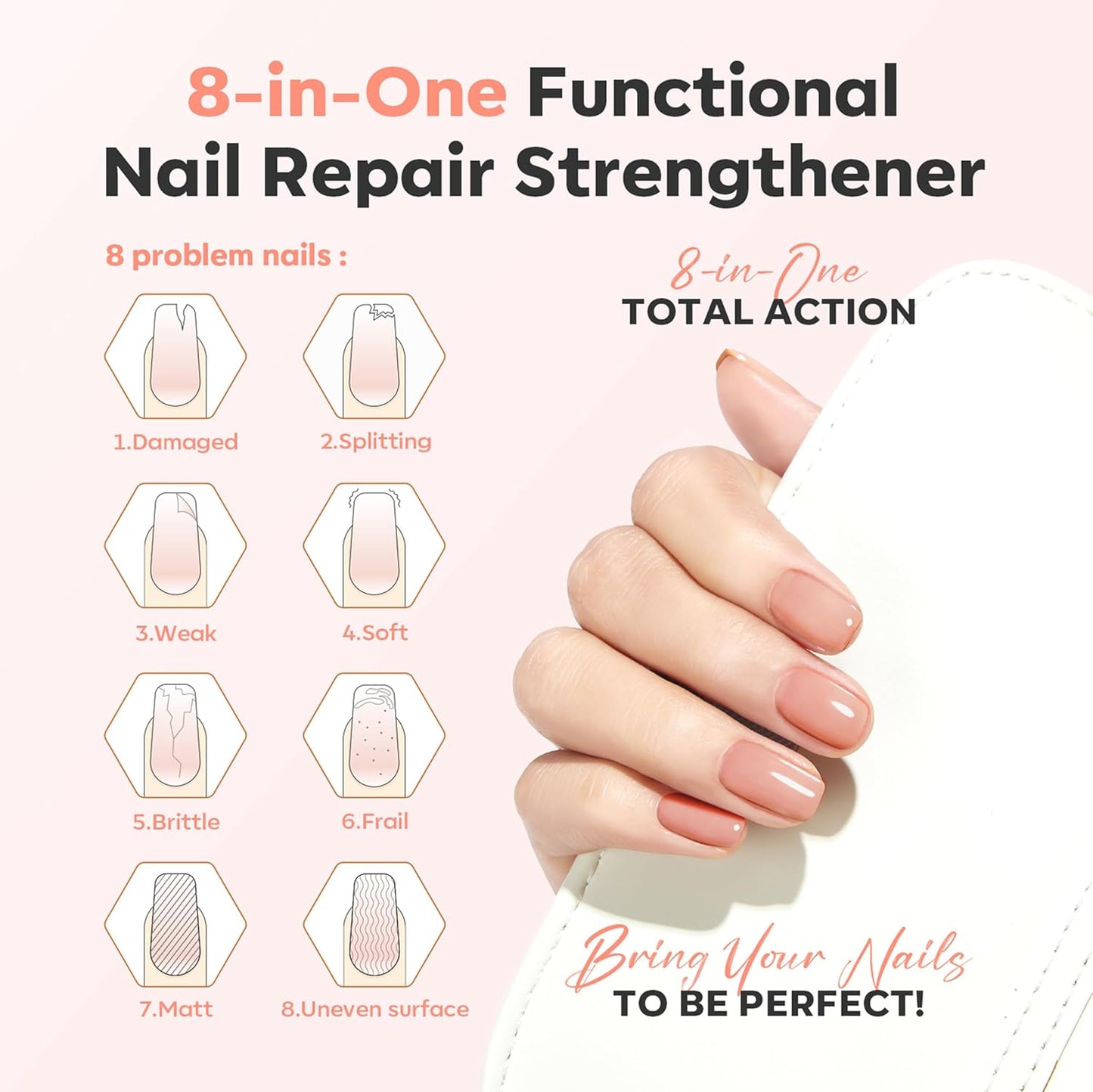modelones Nail Strengthener and Growth Nail Hardener Extra Strong and Growth Nude Pink Orange Nail Polish Nail Repair for Damaged Nails Strengthening Polish Ridge Filler for Nails 15ml
