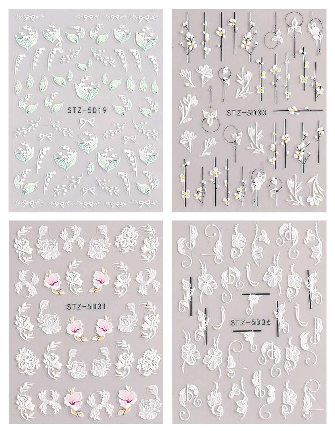 JMEOWIO 3D Embossed Spring Flower Nail Art Stickers Decals Self-Adhesive Pegatinas Uñas 5D Colorful Summer Floral Nail Supplies Nail Art Design Decoration Accessories 4 Sheets