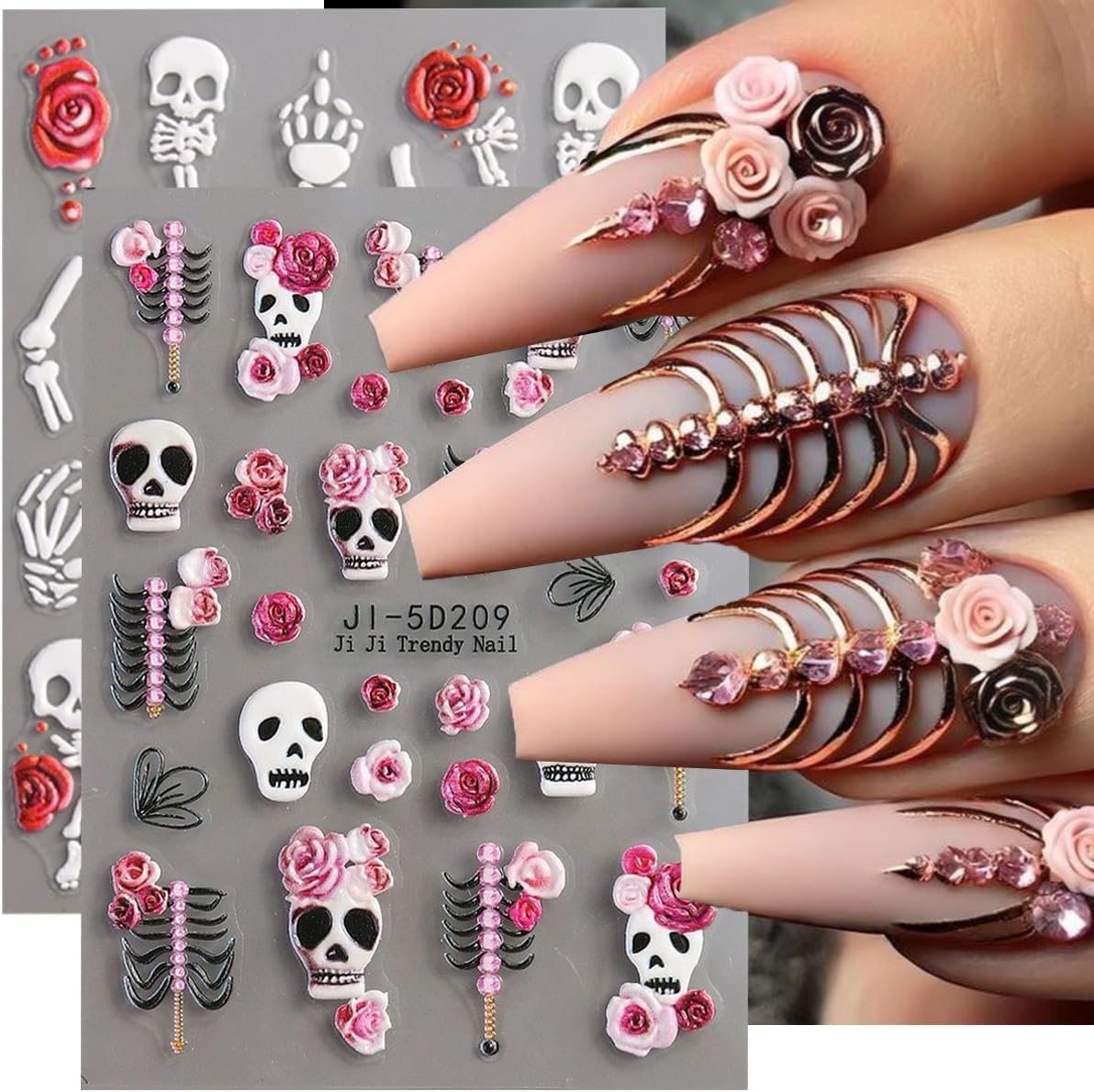 Halloween Nail Art Stickers Decals Rose Skull Skeleton Halloween Nail Design 5D Embossed Nail Decals Nail Art Supplies 2PCS Fantasy Bone Skeleton Holiday Stickers for Women DIY Manicure Decorations