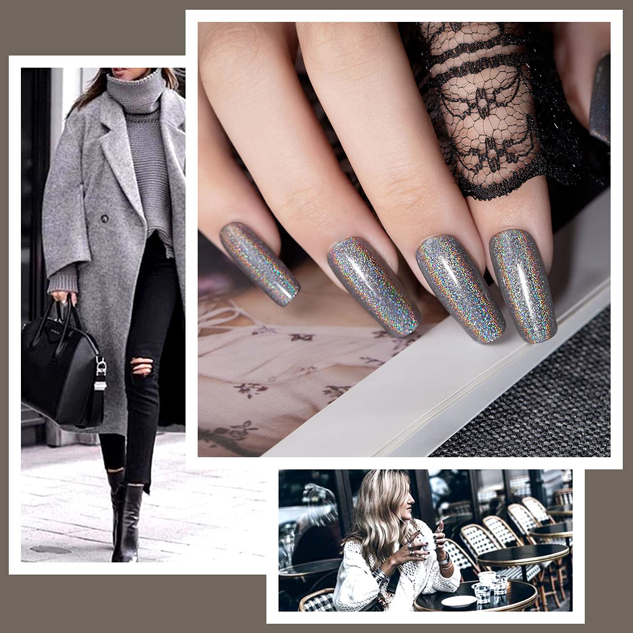 RARJSM Holographic Gel Nail Polish Grey Gorgeous Glossy Soak off Nail Gel with Glitter Mermaid Unicorn Effect Curing Required for Nail Art Design Manicure Salon DIY at Home