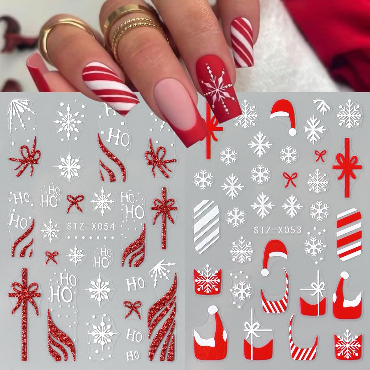 French Snowflake Christmas Bow Nail Art Stickers 3D Embossed Gingerbread Man Christmas Hat Cute Elk Acrylic Nail Decals Women Girls DIY Nail Salon 6 Sheets
