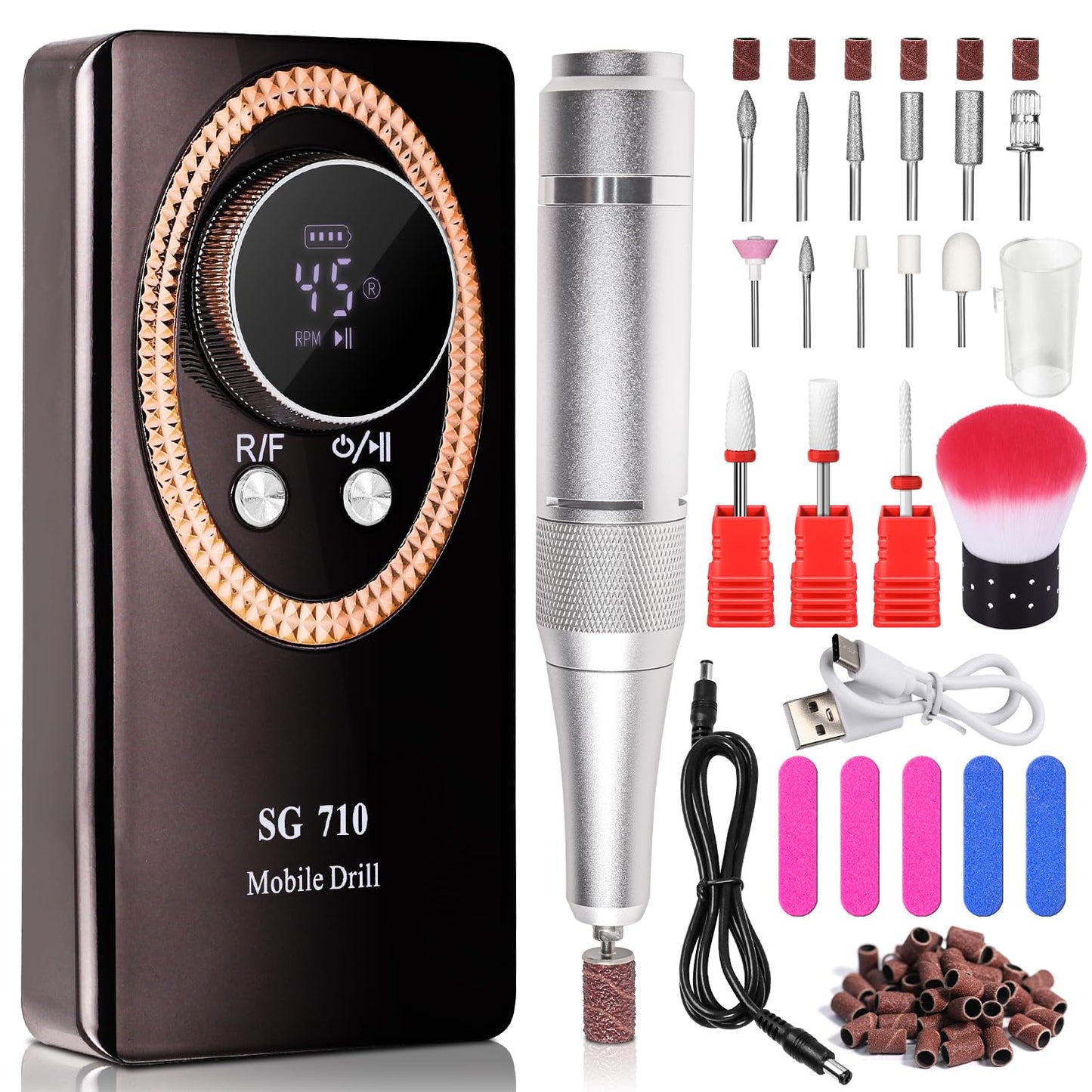 Electric Nail File for Acrylic Nail Kit, 45000RPM Electric Nail Drill Professional Manicure Pedicure Set with Nail Drill Kit Bits, Efile Cordless for Manicure