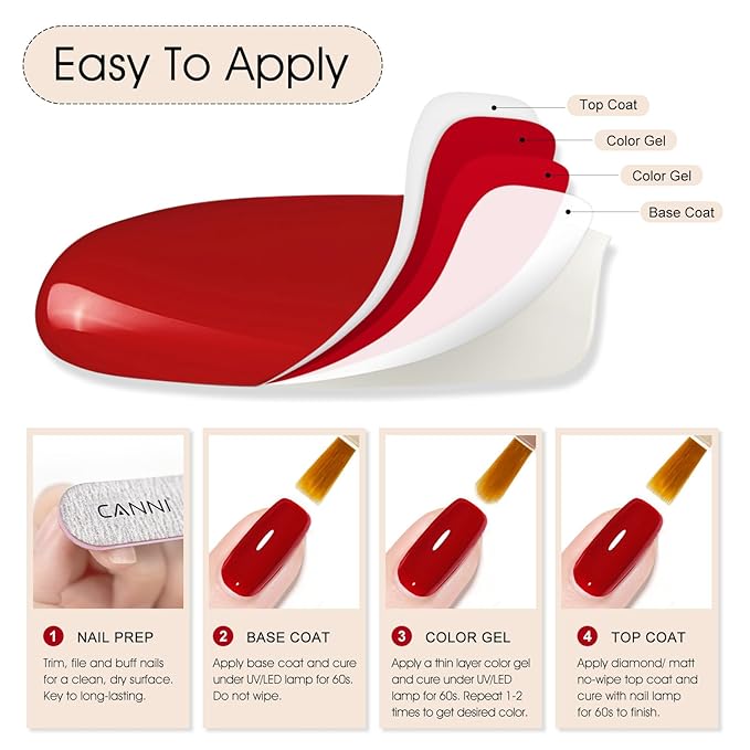 CANNI Gel Nail Polish Red Colors, 1Pcs Red Gel Polish High Gloss Soak Off UV Nail French Nail Manicure Salon DIY