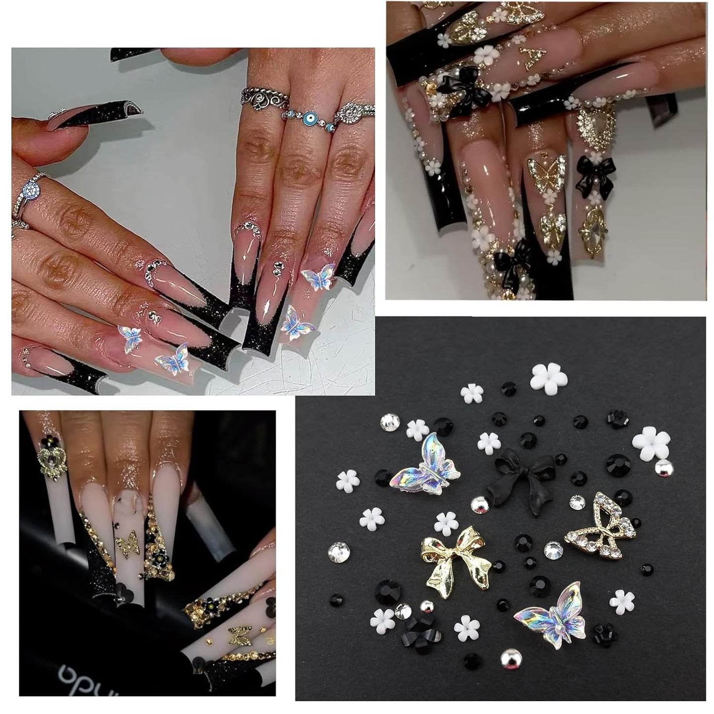4 Boxes Dark Nail Gems Bow Flower Nail Charms for Acrylics - Irregular Crystals, Nails Rhinestone & Accessories for Women Nails Art Design Nails Decor(Dark)