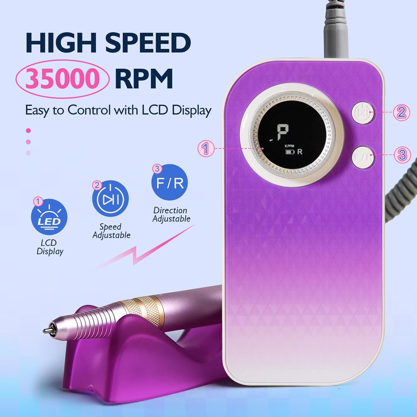 Goodoo Portable Nail Drill Electric File, Professional Rechargeable Nail Drill 35000 RPM with LCD Display for Acrylic Gel Nail, Manicure Pedicure Polishing Nail Grinder for Salon Home Use