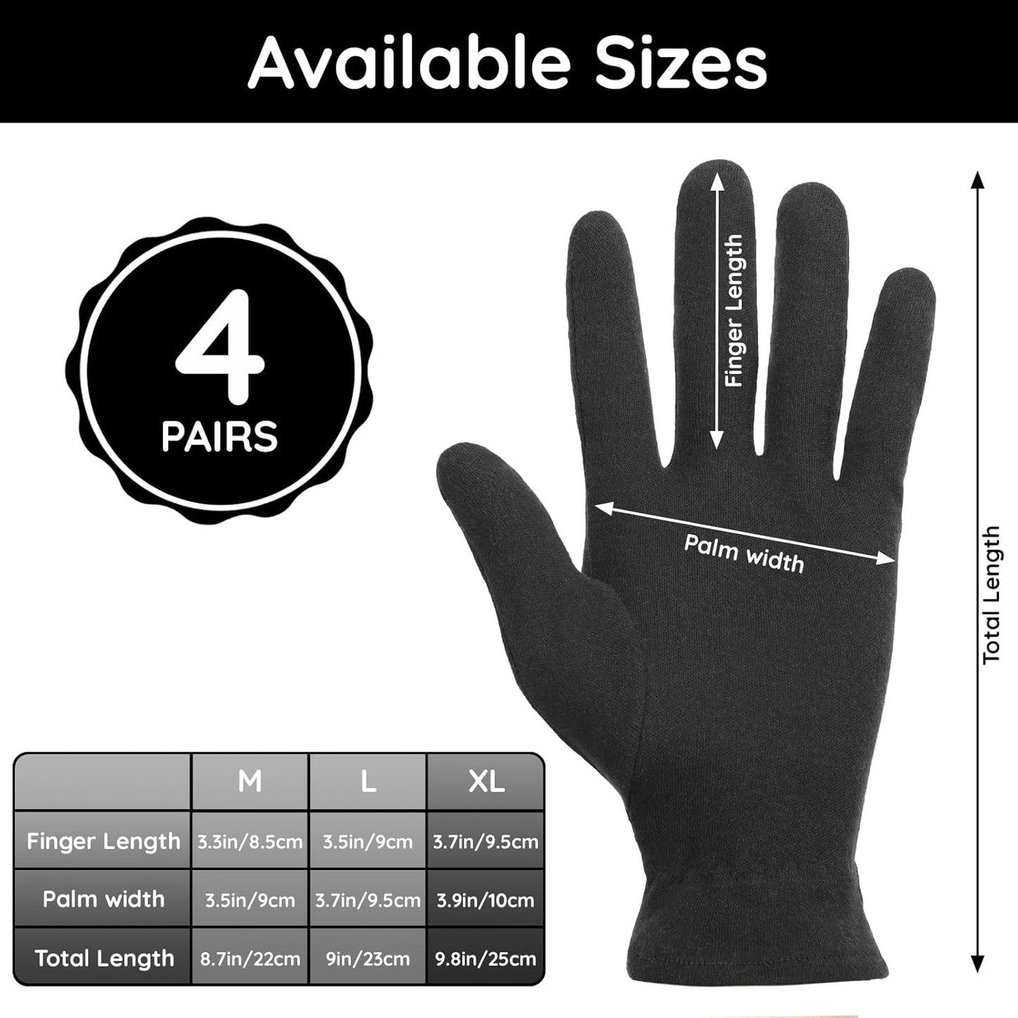 Segbeauty 8 Counts Black Cotton Gloves Overnight with Elastic Band, 4 Pairs Skin Lotion Moisturizing Hand Cotton Gloves for Men, at Home Spa Gel Moisture Glove for Working, Soft Sleep Lotion Glove