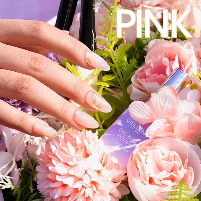 Gellen Natural Pink Gel Nail Polish, 18ml 1091 Glitter Pink Nail Gel Polish U V Light Cure Soak Off Gel for Spring Summer Daily Use at Home Manicure