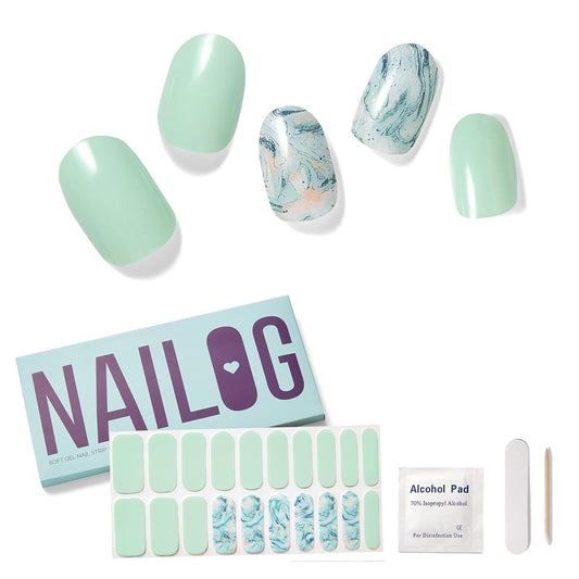 NAILOG Semi Cured Gel Nail Strips (20 Extra Long Polish Stickers/Wraps) │ Glossy & Long Lasting Soft Gel Finishing (Summer Breeze)