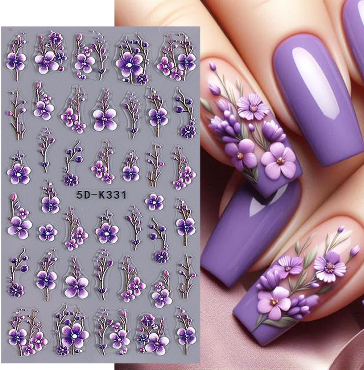 Purple Flower Nail Stickers - 5D Embossed Branch Flowers & Leaves DIY Nail Art Decals - Autumn Colorful Floral Designs for Women & Girls