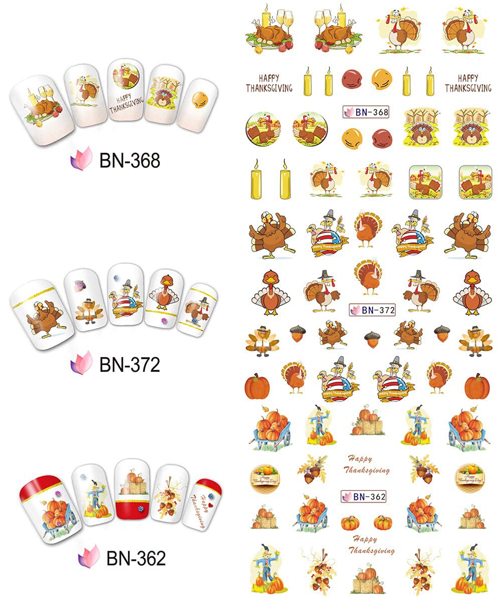 12 Sheets Fall Nail Art Stickers Thanksgiving Nail Decals Water Transfer Foils Maple Leaf Pumpkin Turkey Autumn Nail Stickers for Women Girls Kids DIY Fingernail Toenail Decoration Manicure