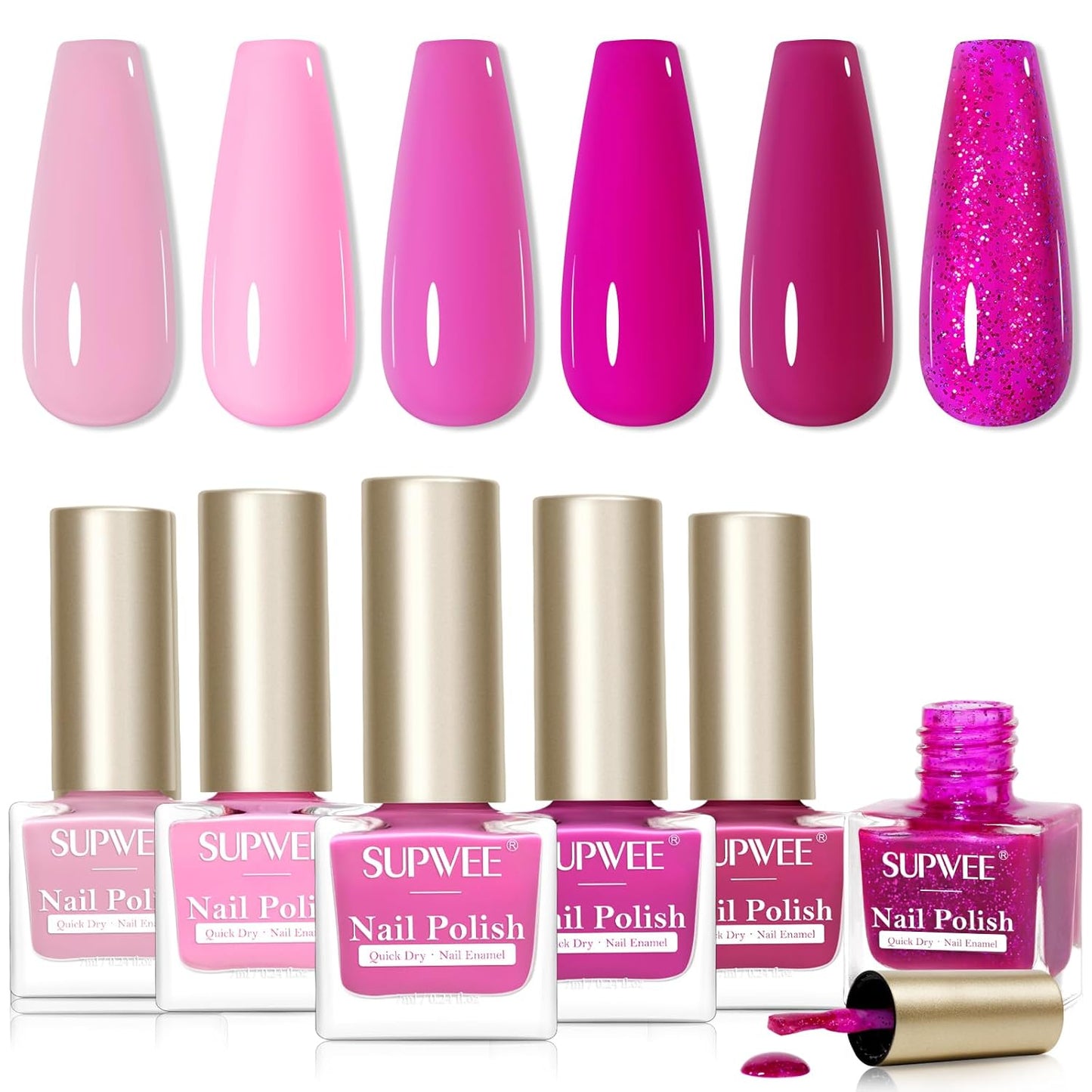 Hot Pink Nail Polish Set, Quick Dry Spring Summer Regular Nail Polish Neon Pink Glitter Fingernail Polish Natural Neutral Nail Lacquer High Glossy Nail Manicure DIY Salon Gift for Women Girl