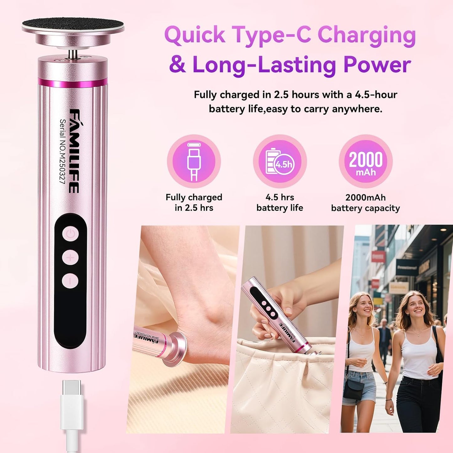 FAMILIFE Electric Foot File Callus Remover – Rechargeable Pedicure Tool with Display Screen, Replaceable Sandpaper Discs, Forward & Reverse Rotation, for Men and Women