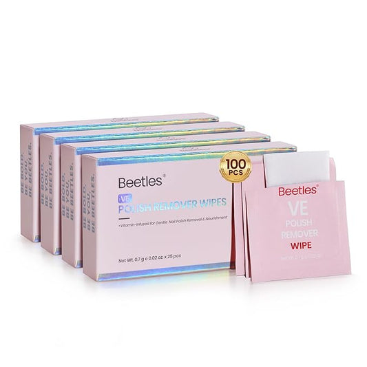 Beetles Nail Polish Remover Pads - 100 Count Nail Wipes 2-in-1 Prep & Lacquer Remover Nail Scrubbers Travel-Friendly Fingernail Polish Remover with vitamin E