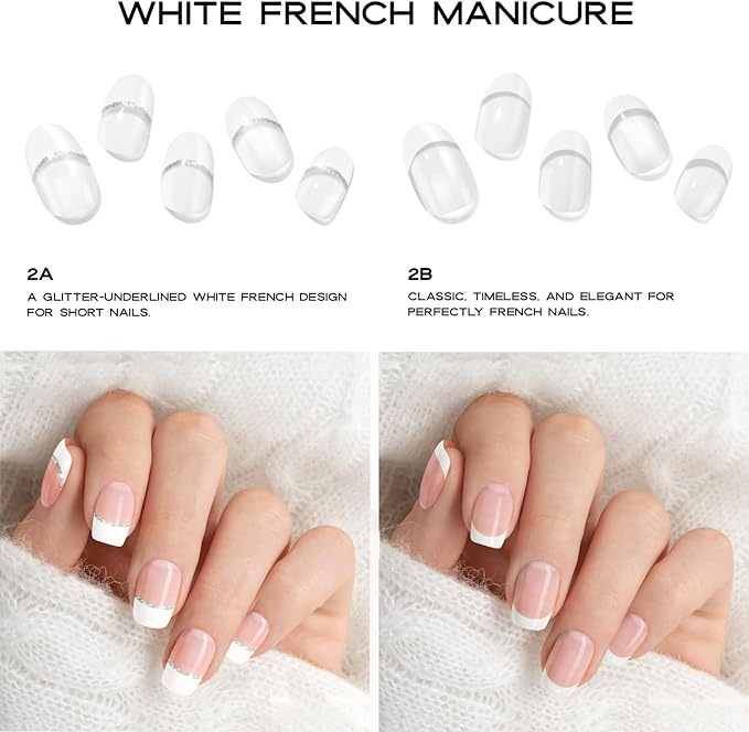 Semi Cured Gel Nail Strips with 30 Pieces - UV Gel Stickers, Manicure Kit, Easy Application Wraps Includes Prep Pads, Nail File, Wooden Stick - UV Light Required (White French 2B)