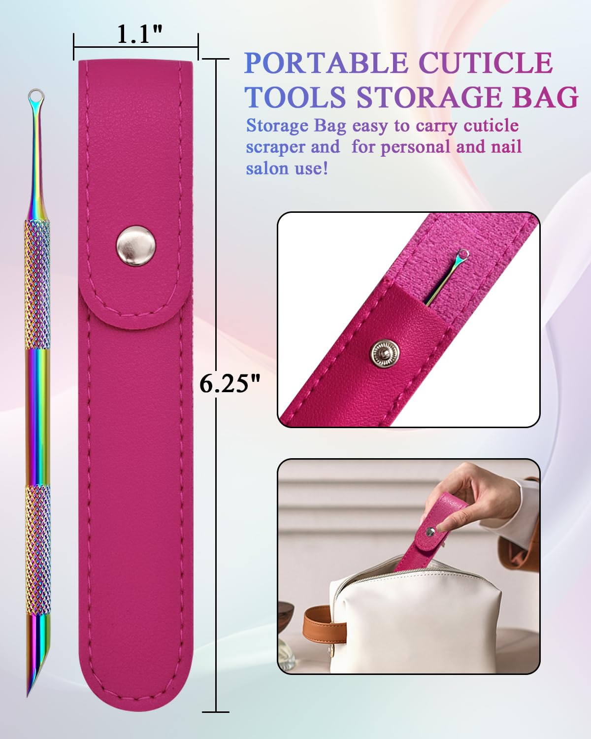 Dual Ended Cuticle Remover, Pre-treatment Cuticle Pusher with Loop Cuticle Pusher Removing, Stainless Steel Cuticle Nail Tool with 100#/240# Grit Nail Files and 1p Storage Bags, For Salon & Home Use