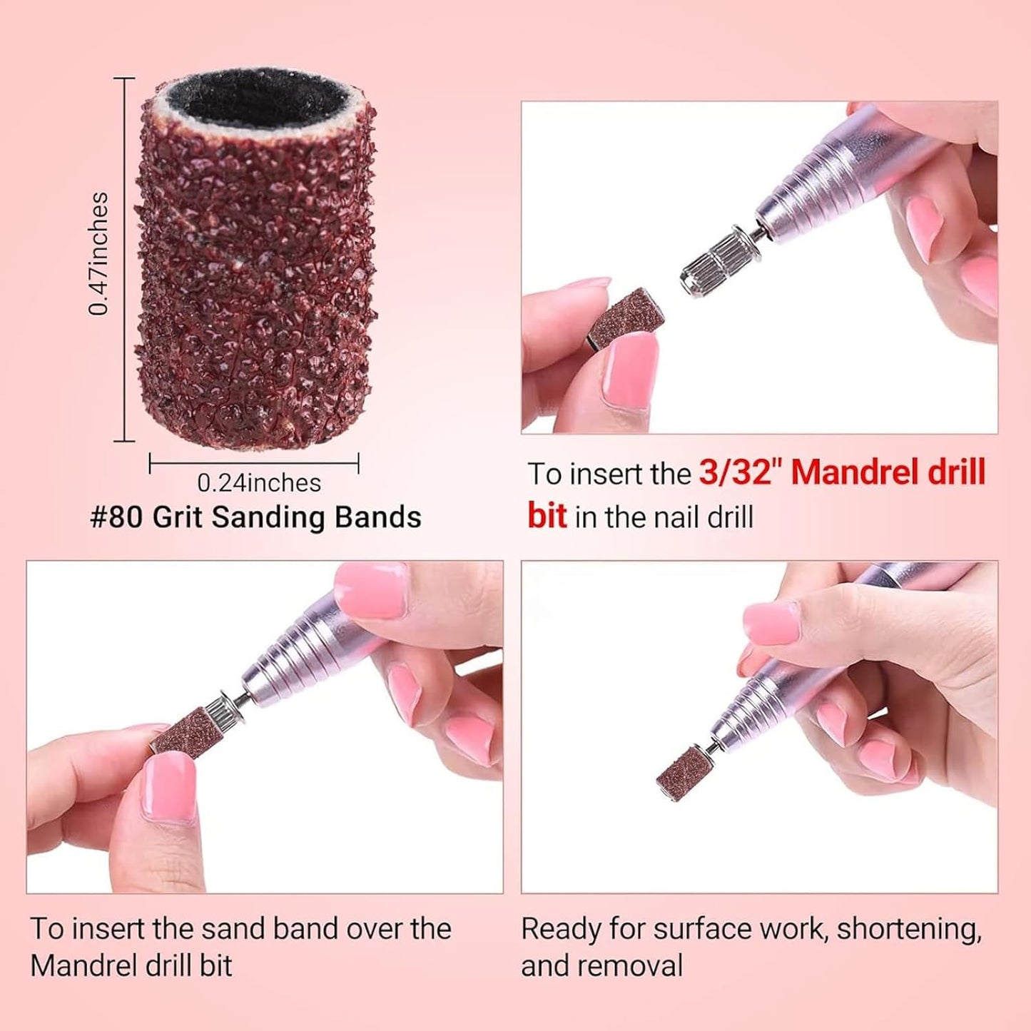 MelodySusie 100 Pcs Nail Drill Bits Sanding Bands for Nail Drill 80 Coarse Grit Nail File Sanding Bands for Acrylic Nails Gel Manicures and Pedicure