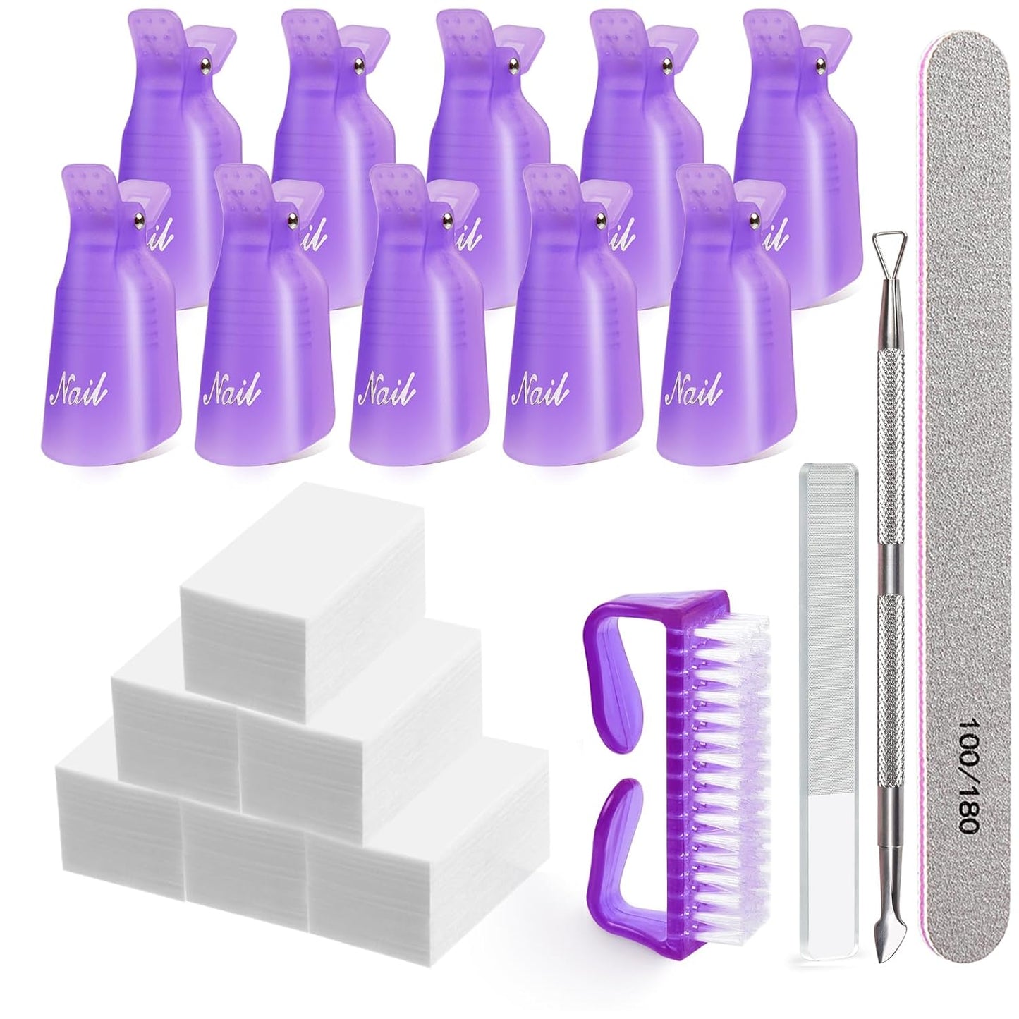 MORGLES Gel Nail Polish Remover Kit With Nail Clips, 300 Pcs Gel Polish Remover Wipes, 100/180 File, Cuticle Pusher, Nano Glass and Brush