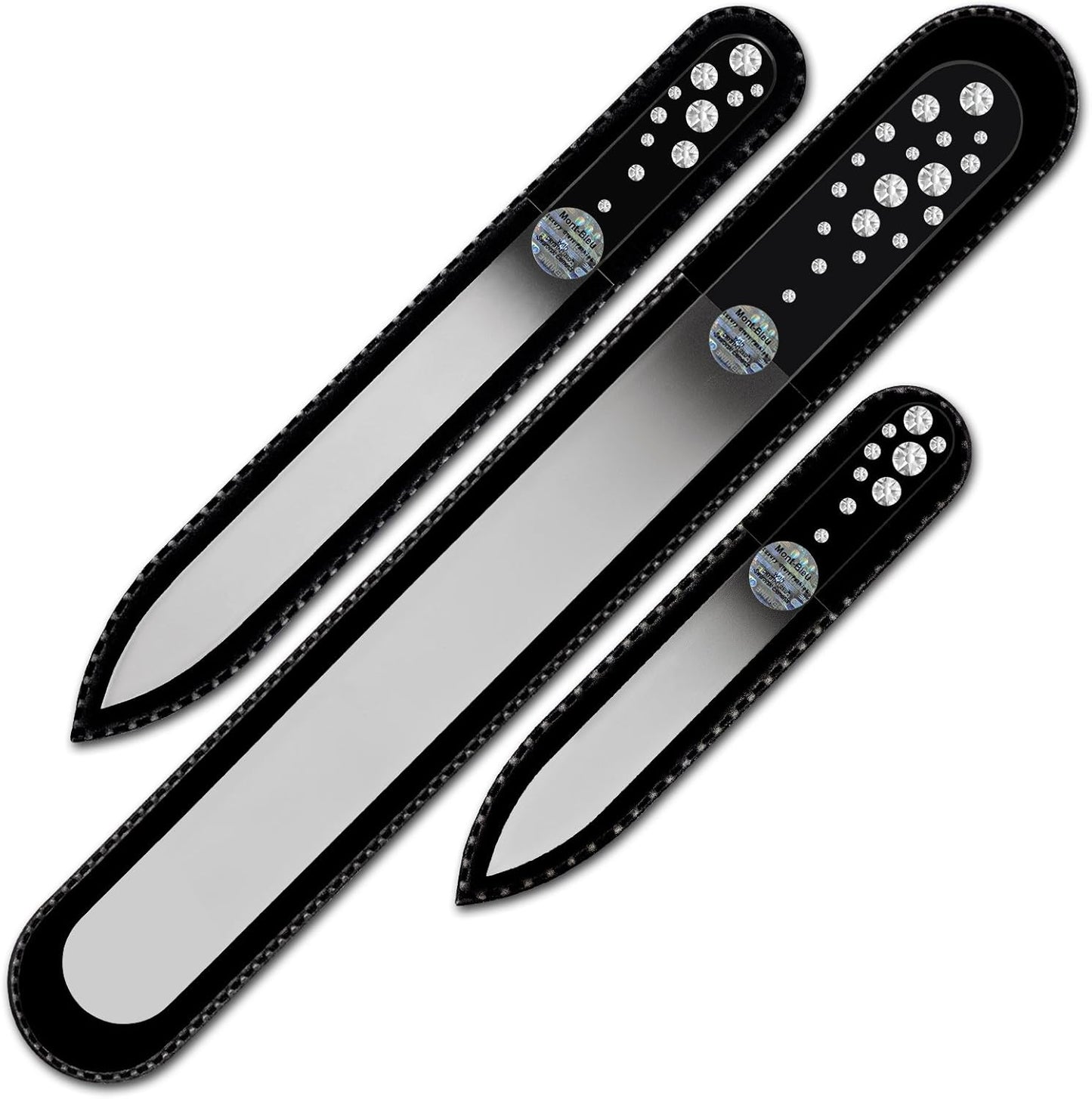 Mont Bleu Set of 3 Glass Nail Files Hand Decorated with Crystals from Swarovski® | Hand Made, Czech Tempered Glass, Lifetime Guaranty