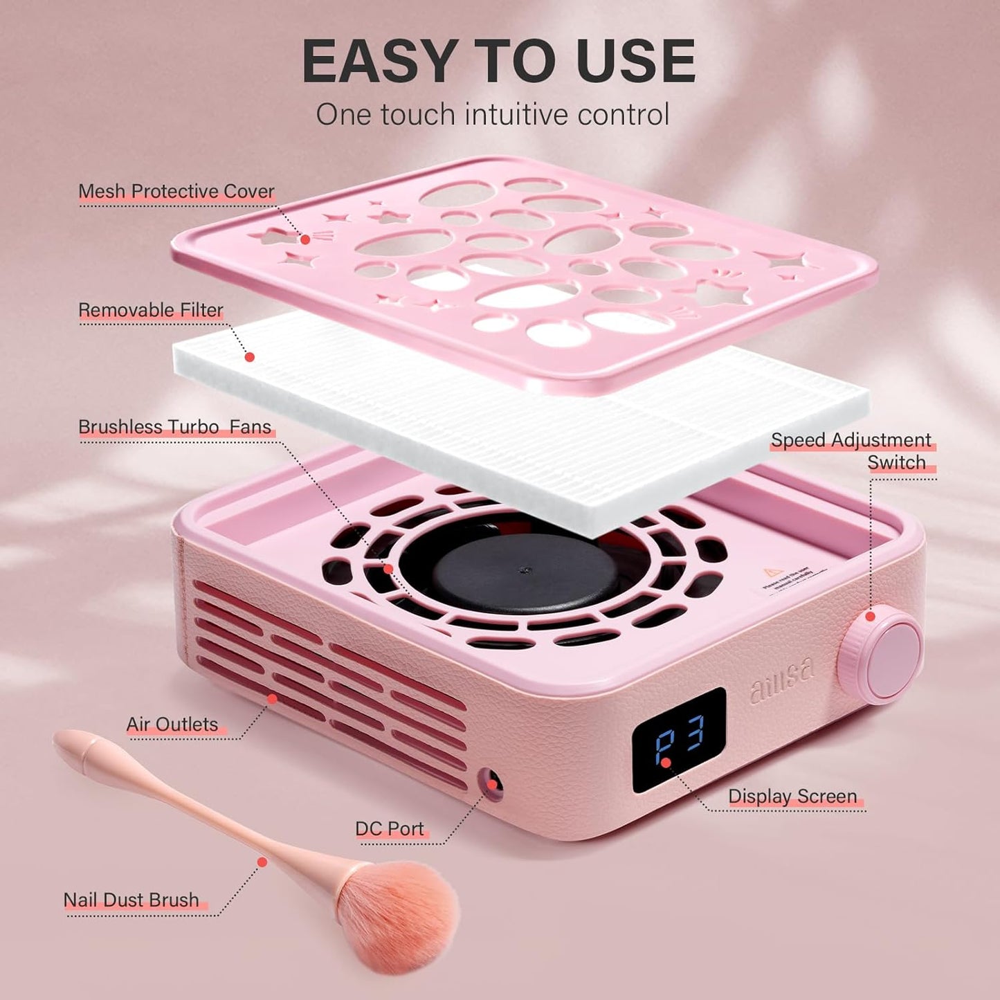 Aillsa Nail Dust Collector: Professional Powerful Suction Dust Collector Nail Tech Adjustable Speed with LED Display & Brush & Filter Paper for Acrylic Gel Nail Polish Manicure Salon & Home Use（Pink）