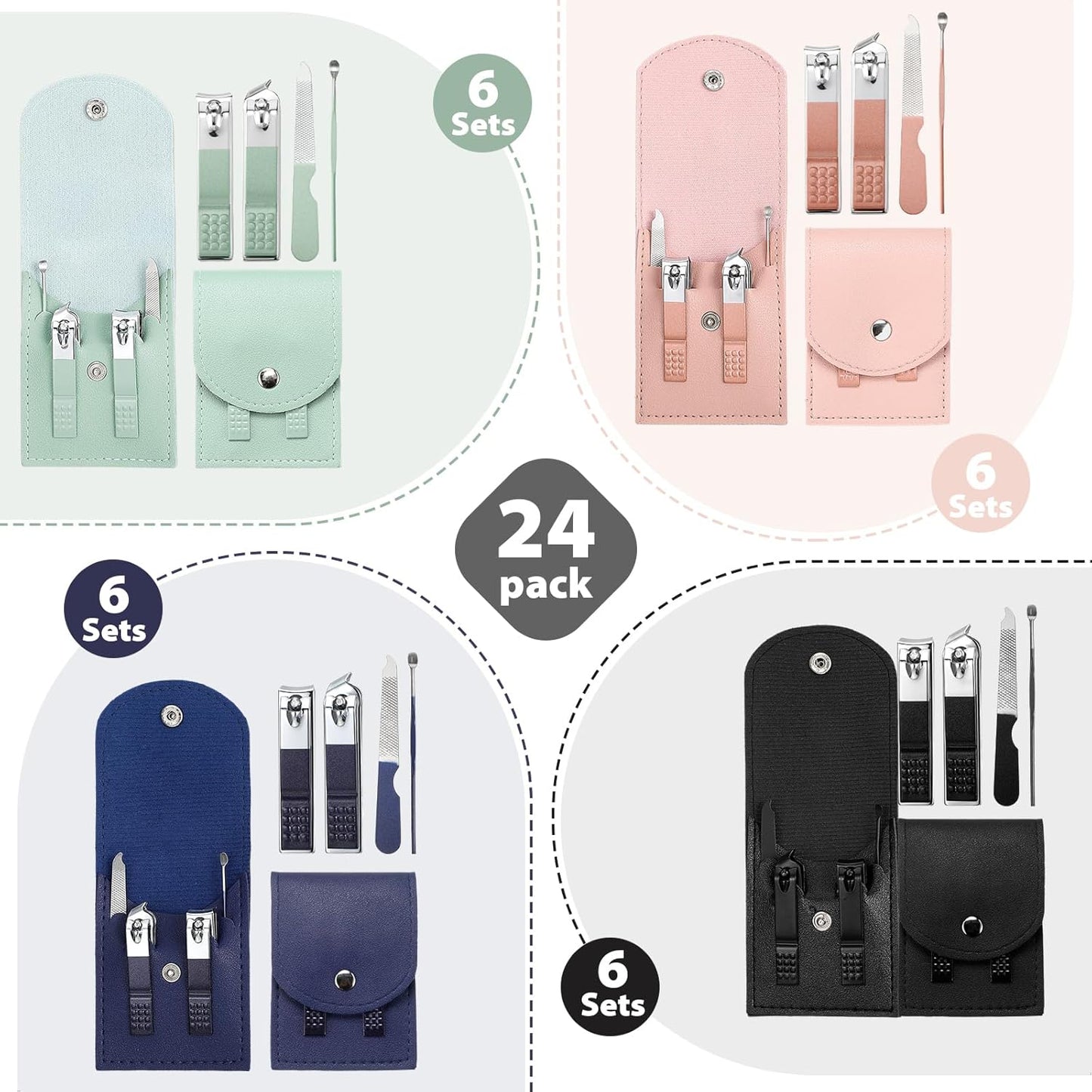 Lasnten 24 Set Christmas Manicure Set Bulk Nail Clippers Grooming Nail Kit Stainless Steel Professional Pedicure Kit Pedicure Tools with Travel Case Gifts for Xmas Men Women(4 in 1,Fresh Colors)