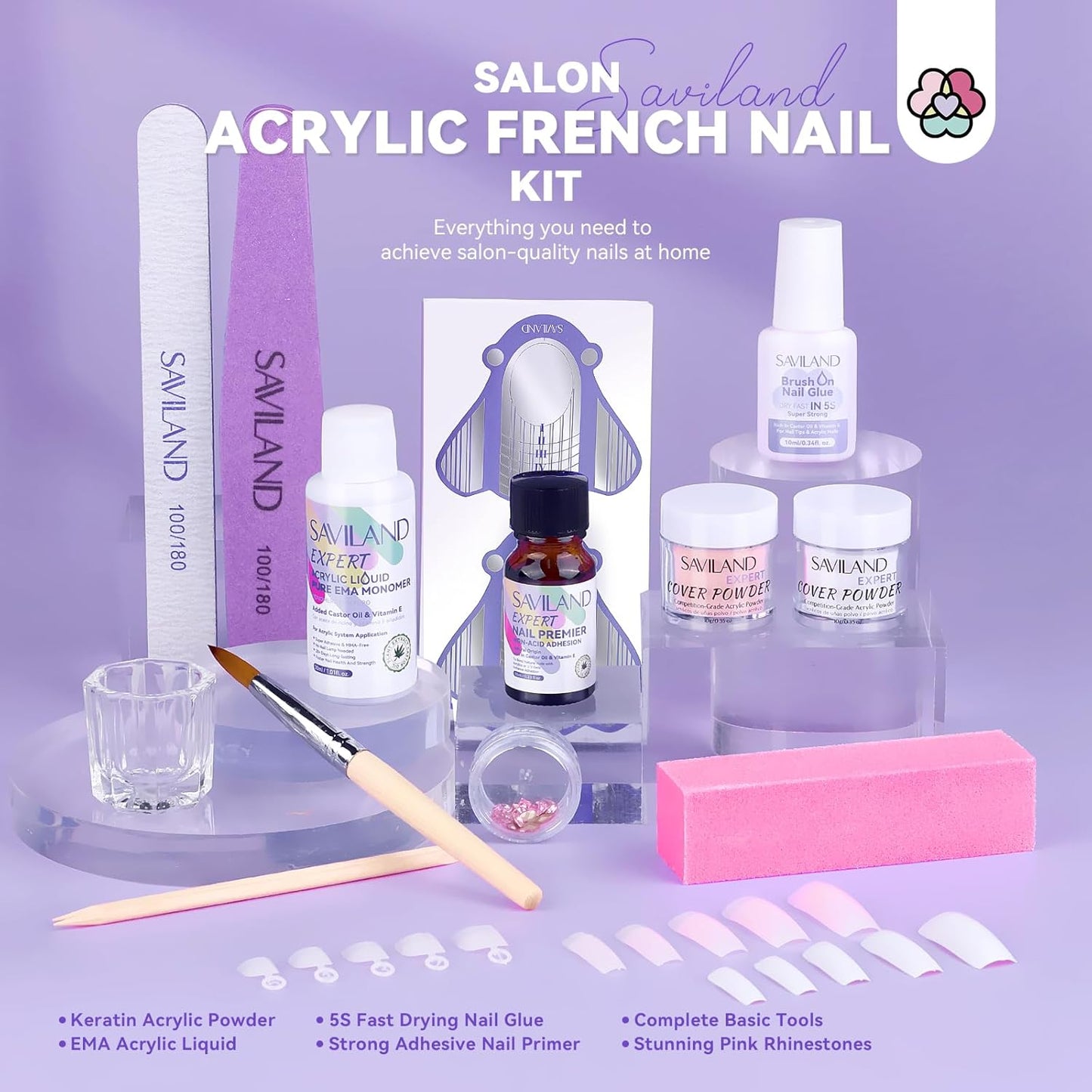 SAVILAND Acrylic Nail Kit: Keratin Acrylic Powder with Castor Oil Vitamin E Nail Primer Nail Glue French Tips Pink Rhinestones Complete Tools Everything for Beginners DIY Home Salon Christmas Gift