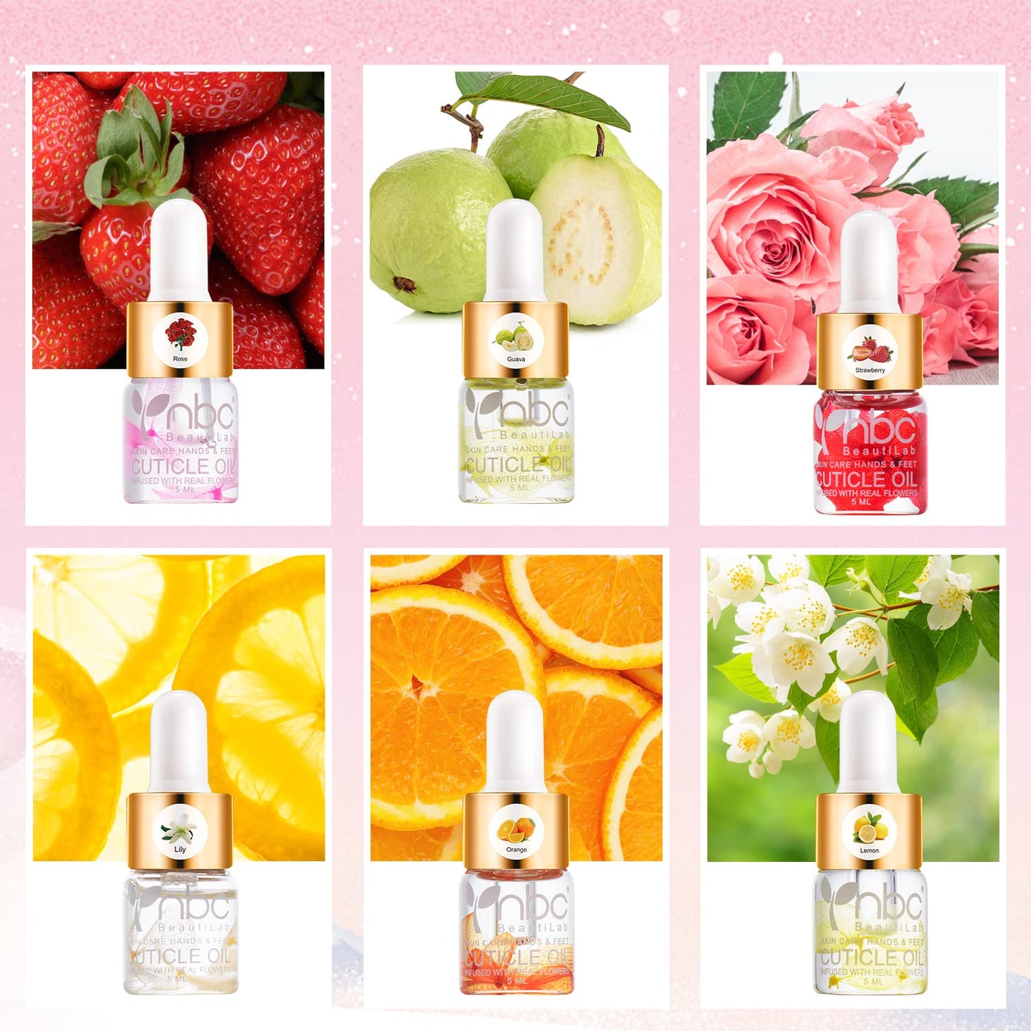 Cuticle Oil Set - 6pcs with Flowers, Vitamin E for Nail Repair & Strengthening
