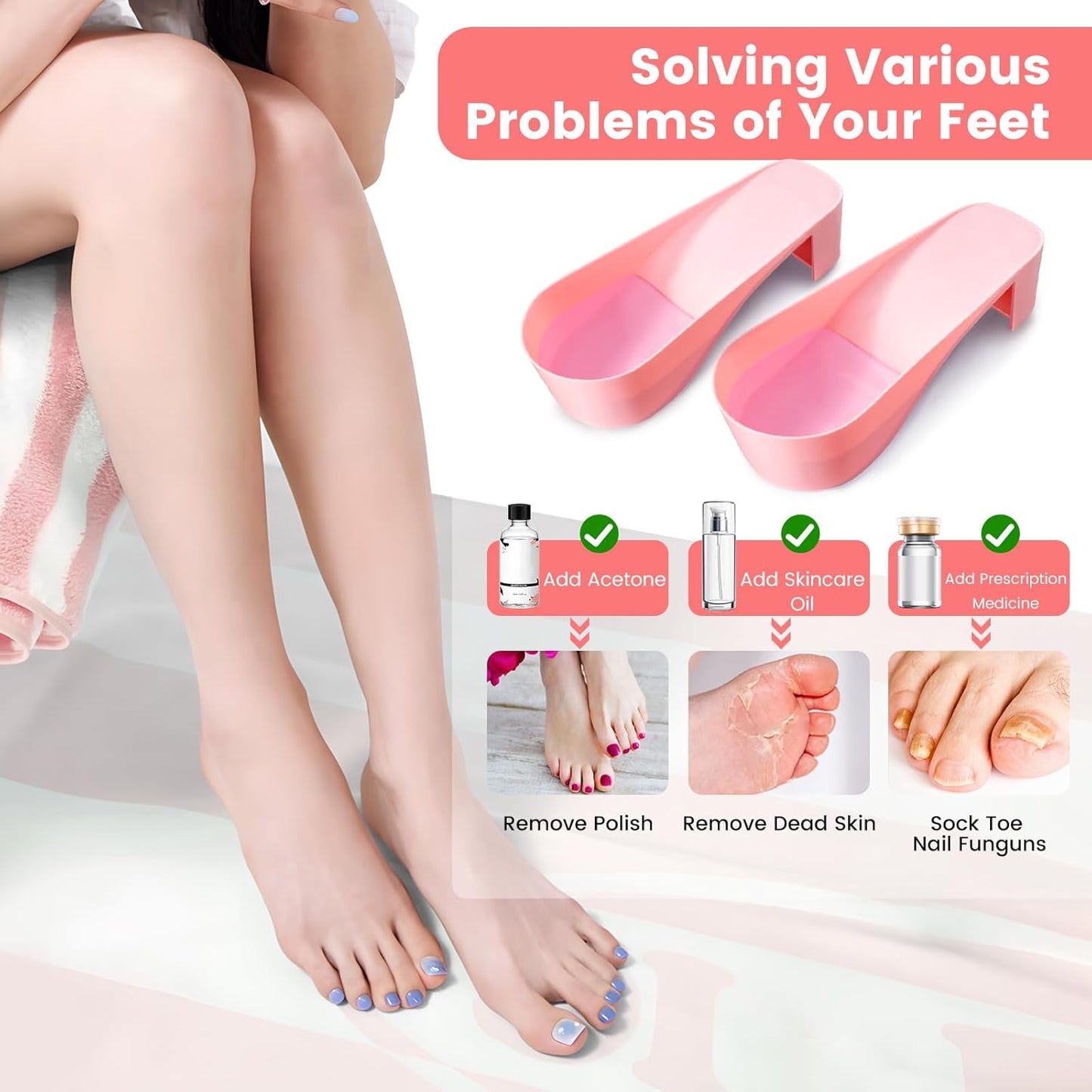 Toe Nail Soaking Bowl Acetone Proof: 1Pair Soak Off Dip Powder Gel Polish Remover - Manicure Bowl for Toenails Soaking with Cuticle Pusher, Cuticle Peeler, Nail File Buffer (Pink)