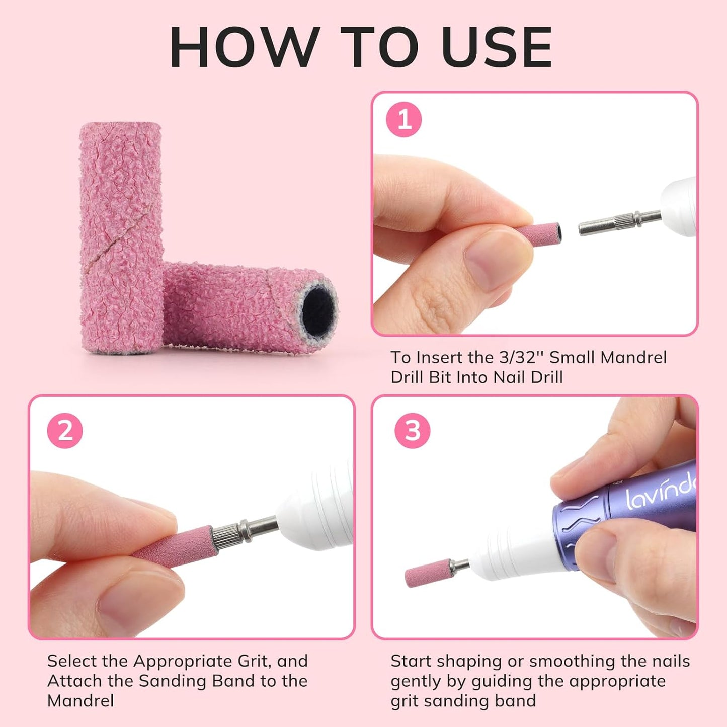 Lavinda Sanding Bands for Nail Drill with 3.1mm Mandrel Bit, 80 Piece Set Mini Small Sanding Bands Nail Drill Bits for Acrylic Nails Gel Manicures and Pedicures (120 Grit, Pink)