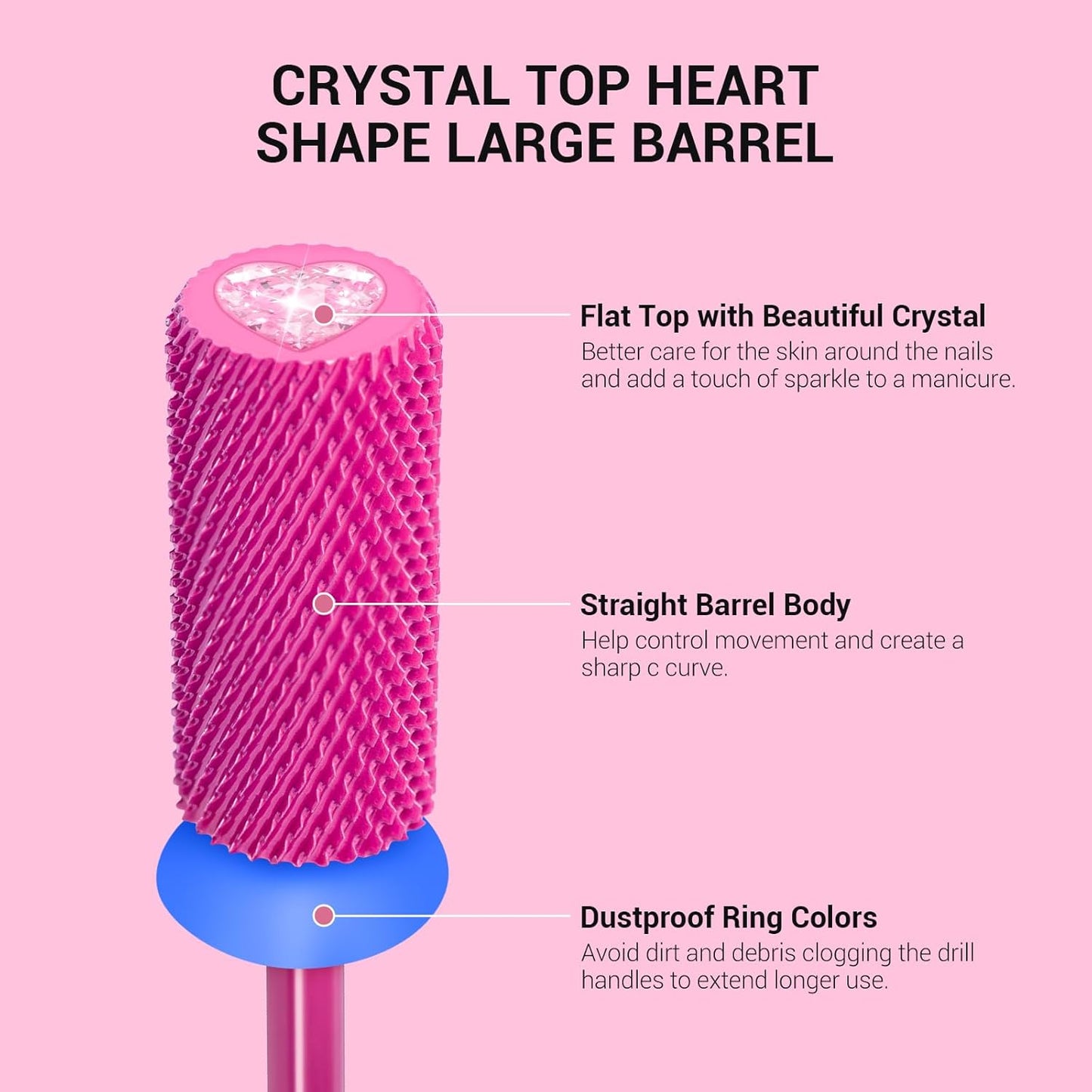 MelodySusie Large Barrel 3/32'' Tungsten Carbide Nail Drill Bit, Crystal Top Pink Heart Shape, Fast Remove Acrylic Gel, Cuticle Gel Polishing for Manicure Pedicure, Pink Blossom, Series Bit-S, Medium