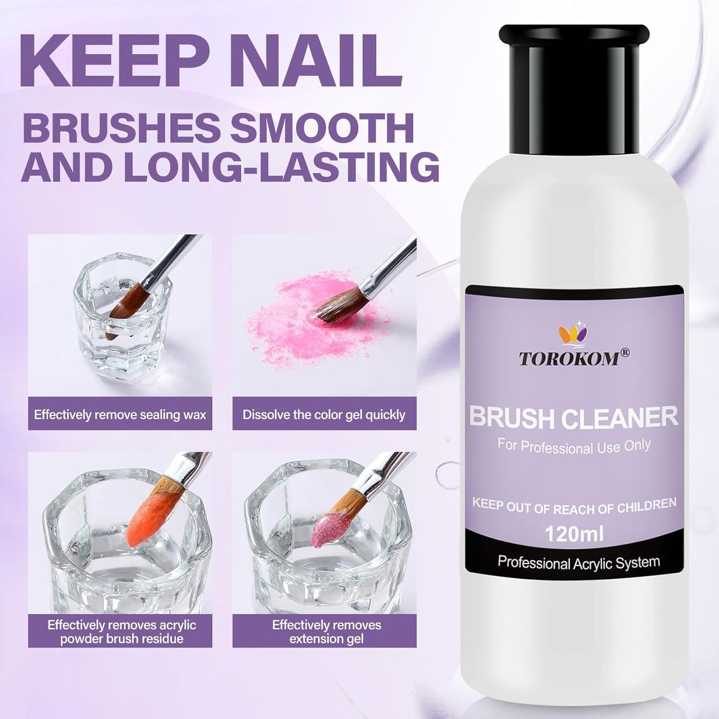 TOROKOM Acrylic Nail Brush Cleaner, 4 OZ Acrylic Brush Cleaner Nail Brush Cleaner Conditioner with Dappen Dish and Nail Cleaning Pads for Quickly Clean Gel Polish, Nail Extension Gel, Acrylic Nails