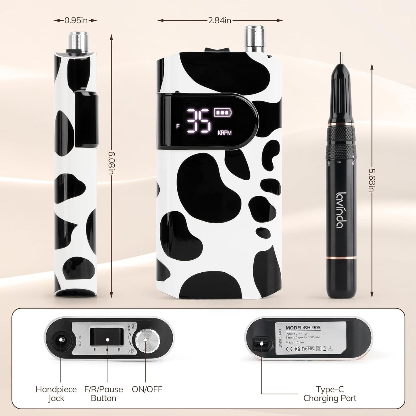 Lavinda 35000RPM Electric Nail Drill, Cordless Nail Drill Machine Portable Rechargeable Nail Efile for Acrylic Gel Nails, Manicure Pedicure Polishing Shaping Tool for Salon Home Use-Cow Print