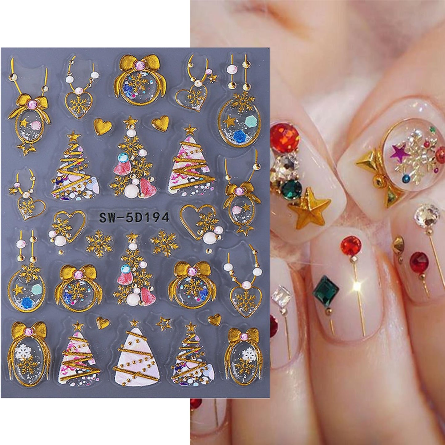 2 Sheets Christmas Nail Stickers for Nail Art Gold Snowflake Ball Nail Art Stickers Embossed Snow Christmas Tree Nail Decals 5D Self-Adhesive New Year Red Bow Xmas Wreath Nail Design Decals for Women